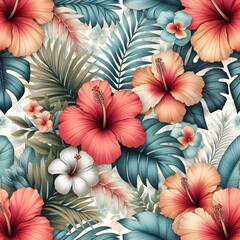 A vibrant, seamless pattern of large tropical hibiscus flowers and palm leaves in shades of red, orange, and blue, perfect for textile design.
