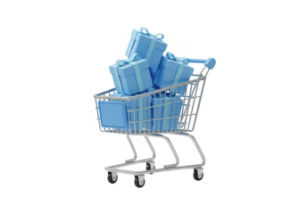 A shopping cart is filled with blue gift boxes tied with ribbons, ready for a celebration isolated on transparent background