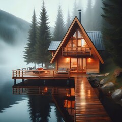 A cozy A-frame cabin with warm lights, situated on a wooden pier extending into a misty lake, surrounded by tall pine trees.