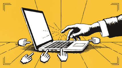 A stylized illustration depicts a laptop with multiple cursor hands pointing at it and one hand pressing a key symbolizing digital interaction and online engagement