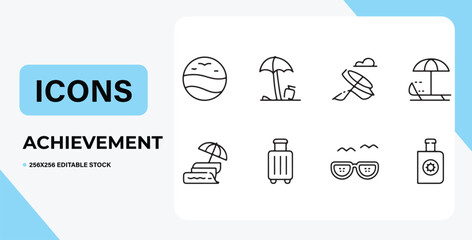 Achievement Icons Summer Vacation, Beach, Travel, Relaxation, Holiday Line Art Graphics