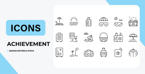 Obraz premium Vacation Achievement Icons Summer Travel, Beach, and Relaxation Line Art Graphics