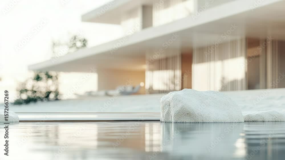 Poster a calm pool scene with rocks and a building in the background, ideal for use in lifestyle or archite