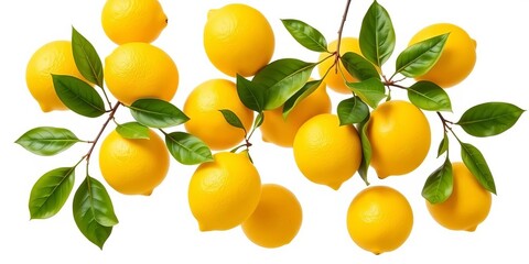 Floating ripe yellow lemons & green leaves, isolated on white Organic citrus fruit, vitamin C concept,  vitamin c,  lemons