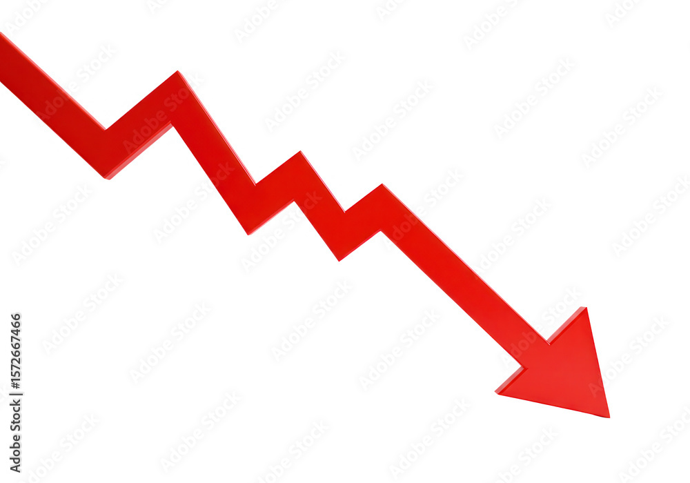 Poster a red arrow points downwards, representing decline and negative trends on a transparent background