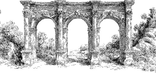 Vintage architectural sketch of classical stone archway for design and decor