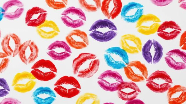 Colorful kiss mark pattern on white background, kiss, lips, love, red, pink, lipstick, pattern.