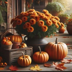 A rustic autumn display featuring various pumpkins and gourds, along with orange chrysanthemum flowers and fallen leaves, on a wooden porch.