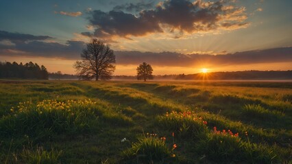 Colorful spring sunrise on meadow