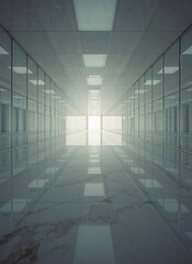 Illuminated hallway with glass walls. Clean, modern feel suitable for corporate, medical, or institutional themes.