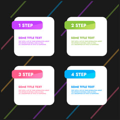 infographic template in the form of white squares with color step and description of the option
