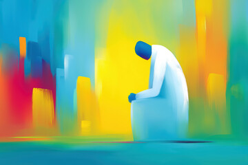 Abstract painting of a figure bowed in prayer. A modern Christian concept of worship, humility, and contemplation against a vibrant, colorful background of light and hope.