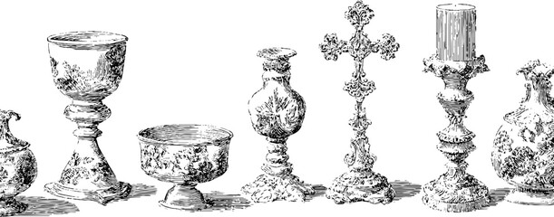 Vintage chalice and candle holder collection in black and white engraving art