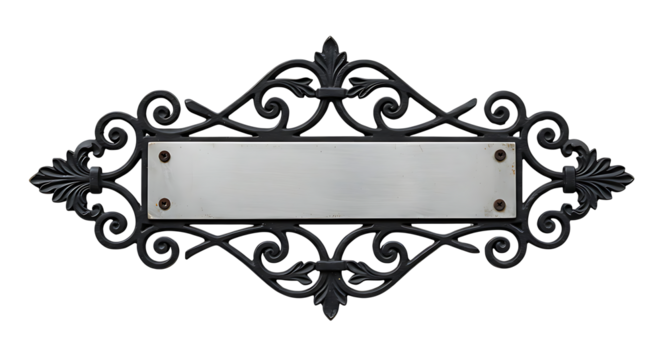 Ornate wrought iron decorative nameplate with blank silver plate for text, ideal for house signs or vintage designs.