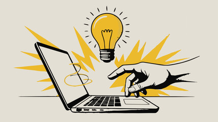 Creative thinking and innovation concept with a hand using a laptop and a glowing light bulb symbolizing a bright idea emerging from technology and digital work
