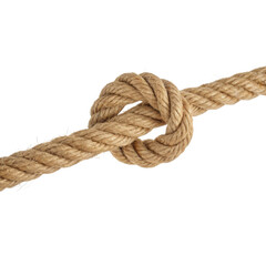 Fototapeta premium Knotted natural fiber rope isolated on a white background showcasing intricate details and texture