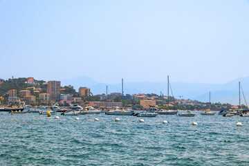 View of Ajaccio marina with sailing boats and rocky shore, France, Corsica, Ajaccio, 13 June 2025