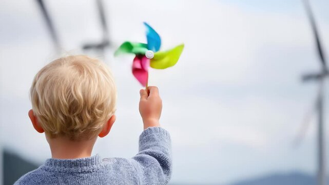 Young child with light blonde hair holding colorful pinwheel, standing outdoors near wind turbines, enjoying a sunny day in a natural landscape, embodying joy and innocence