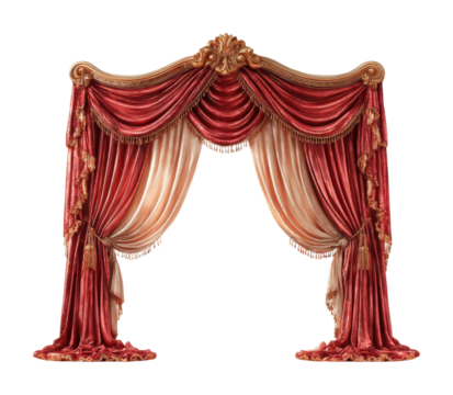 Elegant red drapes display theater stage digital front view. Isolated on transparent background, png.
