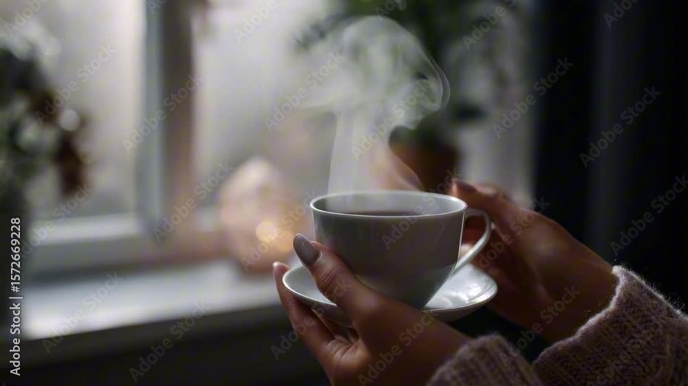 Poster hands holding a steaming cup of coffee in a cozy indoor setting, with soft lighting and a window in 