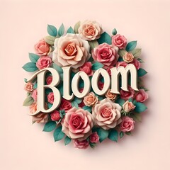 A circular arrangement of pink and peach roses with green leaves, framing the word 'Bloom' in 3D lettering.