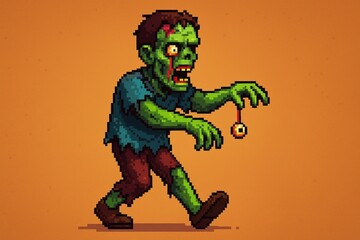 pixelated zombie character with green skin and bloodied clothing, menacingly holding a dangling eyeball, set against an orange background, evoking a playful but eerie atmosphere