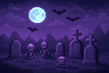 spooky pixel art graveyard scene featuring skeletons sitting and standing next to tombstones under a glowing full moon with bats flying in a dark purple atmosphere