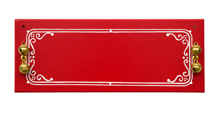 Red wooden nameplate featuring traditional white border designs and small golden bells, perfect for adding a decorative touch.