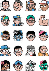 The image displays a collection of cartoon-style character faces, which are likely emojis or stickers designed for messaging platforms