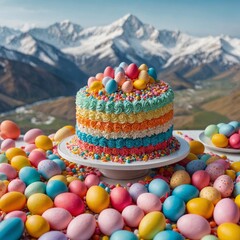 A delicious chocolate cupcake topped with vibrant orange and yellow swirled frosting and sprinkled with chocolate chips.
