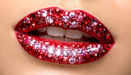 Lips with the red texture of diamonds, close up fashion background