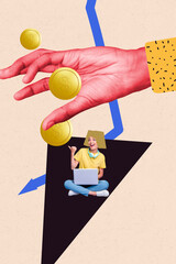 Composite image trend artwork collage of huge hand hold coins arrow down young lady sit work laptop...