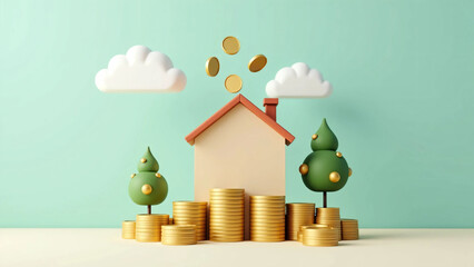 Fototapeta premium Real estate investment illustration with house on golden coin stacks, flying coins and money trees on teal background, symbolizing financial growth, passive income, savings and homeownership potential