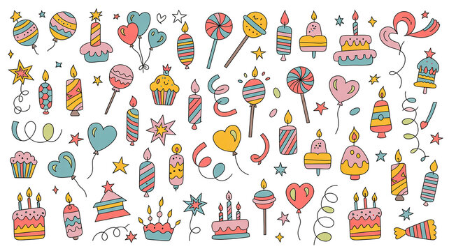 Whimsical hand-drawn party and celebration pattern featuring balloons, confetti, cakes, gifts, and joyful elements