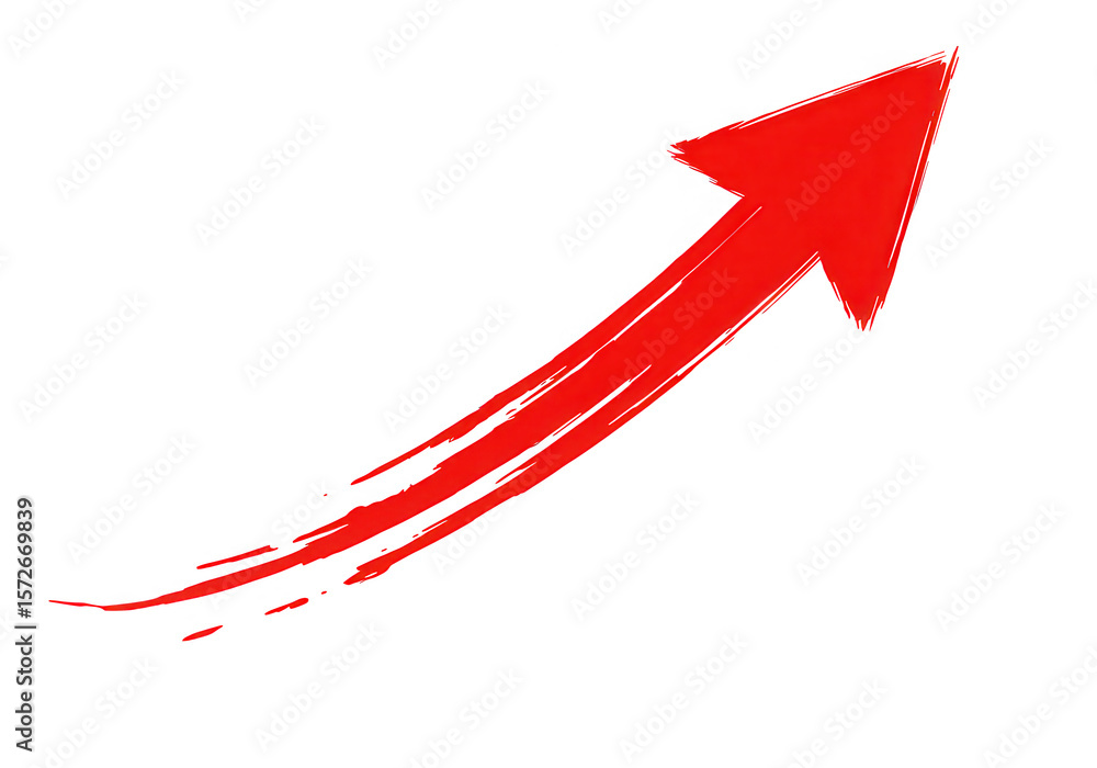 Poster a bold red arrow painted with energetic brushstrokes points upwards on a white backdrop isolated on 