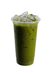 Iced matcha green tea in plastic cup with ice
