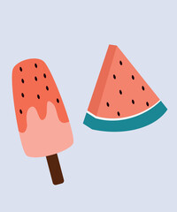 Flat Design Illustration with Watermelon Slice, Ice Cream