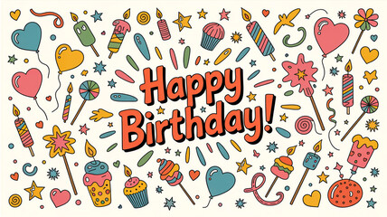 Whimsical hand-drawn party and celebration pattern featuring balloons, confetti, cakes, gifts, and joyful elements