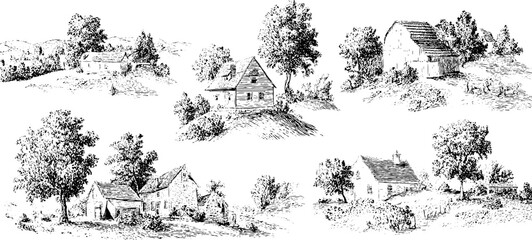 Vintage black and white engraving illustrations of countryside houses and landscapes