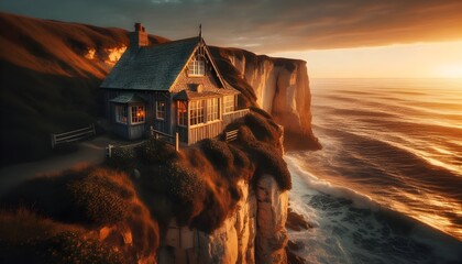 A rustic wooden house perched precariously on a dramatic cliff edge overlooking a vast, stormy ocean at sunset