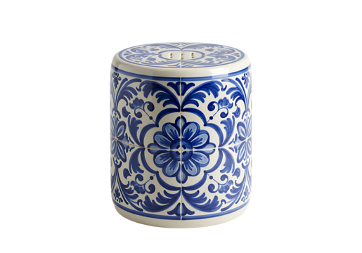 Ornate ceramic garden stool showcases a blue and white floral pattern against a sleek transparent background for elegant outdoor decor.