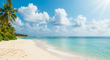 Pristine white sand beach meets turquoise water under a vibrant blue sky, dotted with fluffy clouds and palm trees.