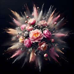 A dynamic burst of colorful powder exploding around a vibrant bouquet of pink and peach peonies