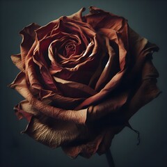 A close-up of a dried, rust-colored rose with intricately curled and textured petals, creating a dramatic and melancholic beauty.