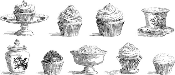 Vintage cupcake and dessert silhouettes for retro design and decoration