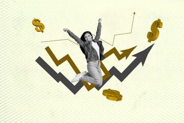 Zine banner trendy collage of happy businessman businesswoman stand arrow progress dollar currency...