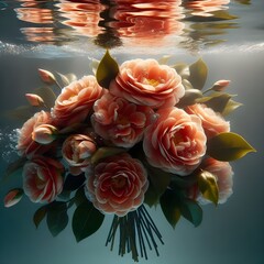 A bouquet of peach-colored camellia flowers submerged underwater, with air bubbles clinging to their petals