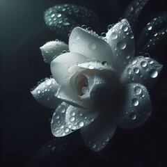 A pristine white gardenia flower, covered in numerous glistening water droplets, set against a dark, moody background