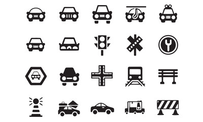 Transportation and Traffic Icon Set Highway, Car, Road, and Traffic Sign Symbols

