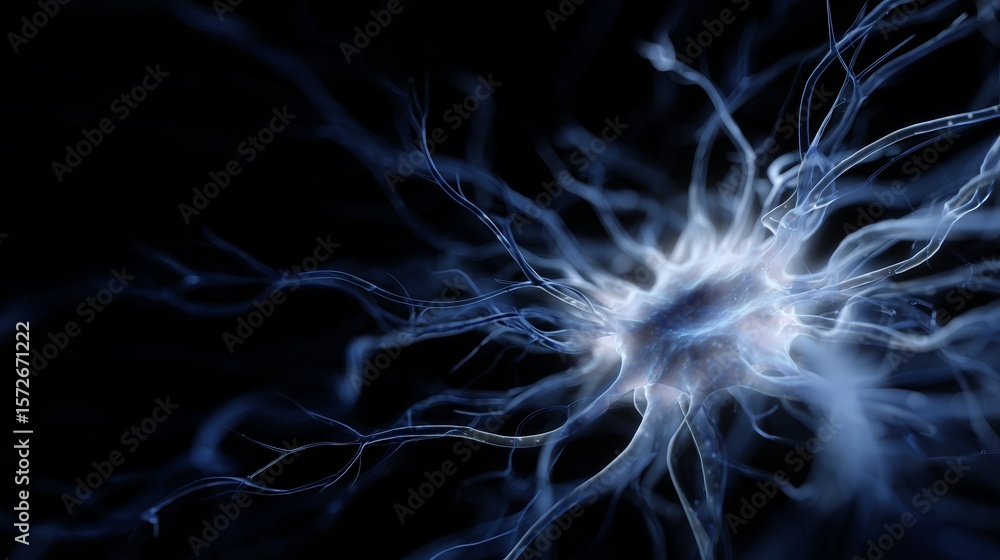 Poster exploring the intricate structure of a neuron with glowing filaments on a dark background